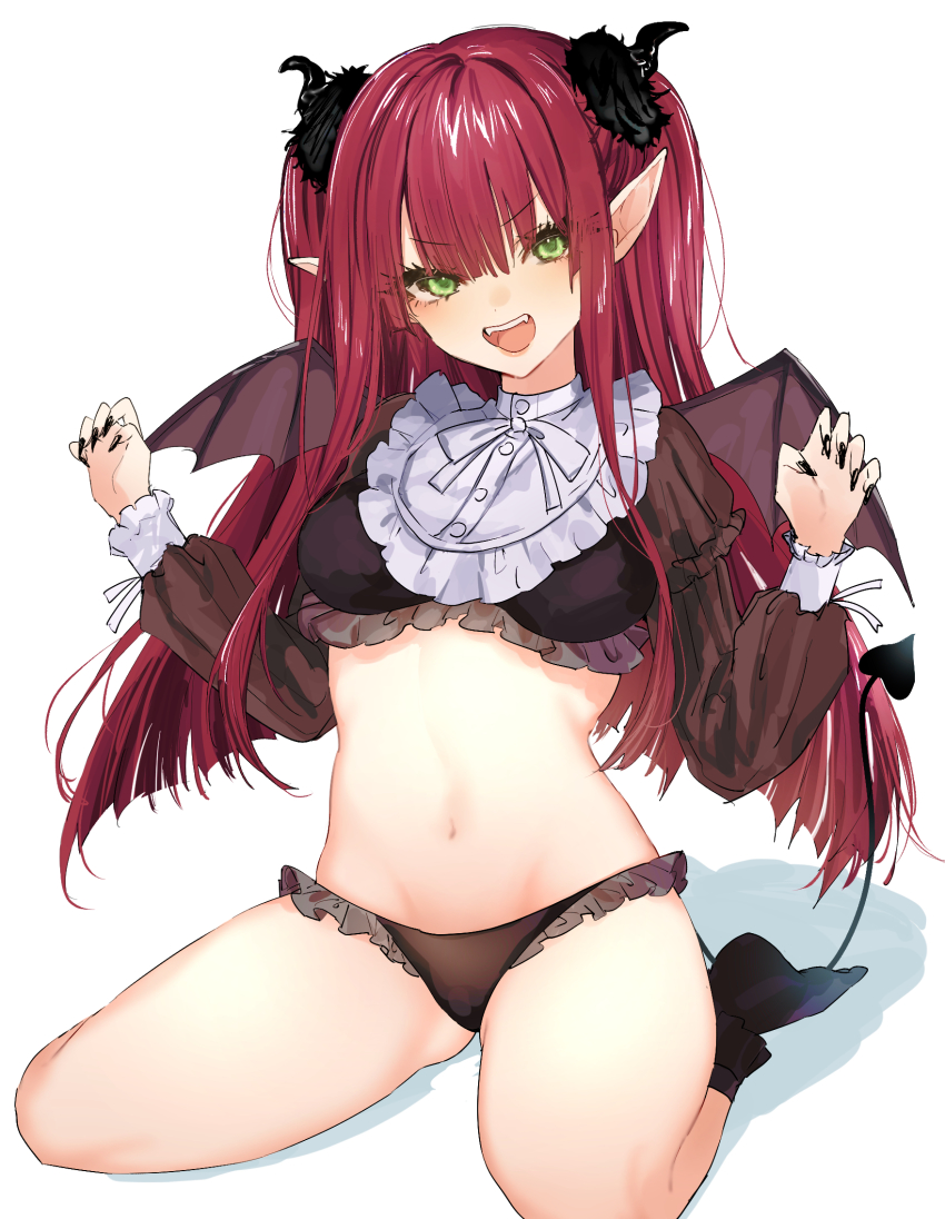 1girl, arms_up, ass, bare_legs, black_nails, black_socks, bobby_socks, breasts, cosplay, demon_girl, demon_horns, demon_tail, fake_horns, fake_tail, fangs, frills, green_eyes, highres, horns, kitagawa_marin, long_pointy_ears, looking_at_viewer, looking_to_the_side, medium_breasts, midriff, nail_polish, navel, no_shoes, ogai, open_mouth, panties, pointy_ears, puffy_sleeves, red_hair, rizu-kyun, rizu-kyun_(cosplay), simple_background, sitting, smile, socks, solo, sono_bisque_doll_wa_koi_wo_suru, stomach, tail, teeth, thighs, touching_ears, twintails, underwear, wariza, white_background