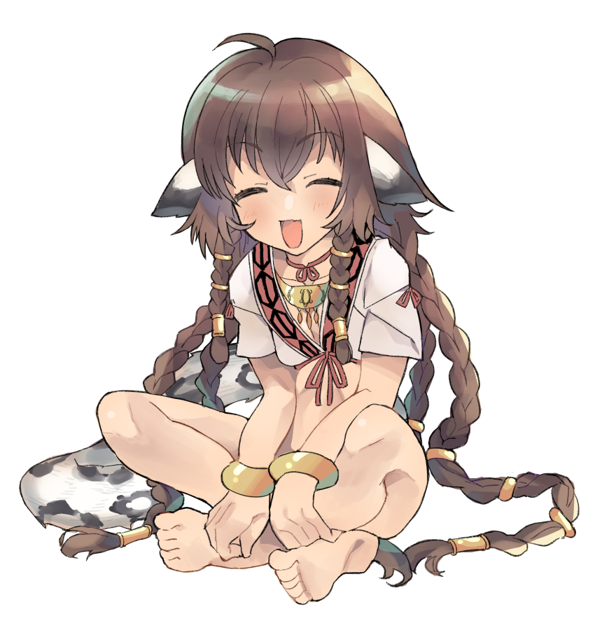 1girl, absurdly_long_hair, ahoge, ainu_clothes, animal_ears, anju_(utawarerumono), aquaplus, bare_legs, barefoot, blush, bracelet, braid, breasts, brown_hair, choker, cleavage, collarbone, crossed_legs, closed_eyes, feet, full_body, happy, highres, jewelry, long_hair, micon_hnhn, necklace, open_mouth, raised_eyebrows, short_sleeves, sidelocks, sitting, small_breasts, solo, tail, utawarerumono, utawarerumono:_futari_no_hakuoro, utawarerumono:_itsuwari_no_kamen, variations, very_long_hair
