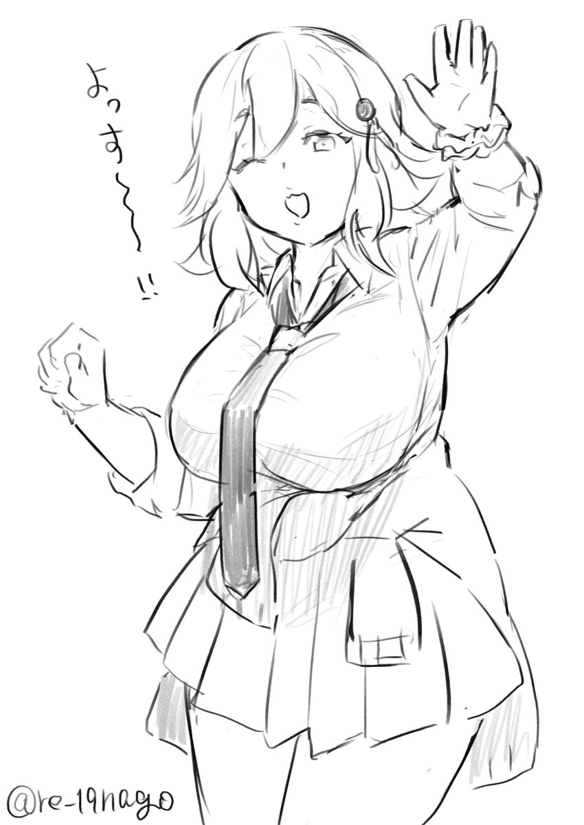 1girl, aizen_(utawarerumono:_lost_flag), aquaplus, arms_up, bare_legs, bracelet, breasts, clothes_around_waist, cowboy_shot, greyscale, hair_between_eyes, highres, huge_breasts, jacket, jacket_around_waist, jewelry, long_sleeves, looking_at_viewer, medium_hair, monochrome, necktie, one_eye_closed, open_mouth, re_19nago, school_uniform, sidelocks, signature, skirt, solo, thick_thighs, thighs, translation_request, utawarerumono, utawarerumono:_lost_flag