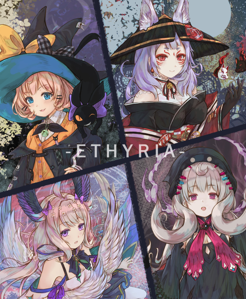 4girls, :d, animal, bare_shoulders, bell, black_cat, black_dress, black_gloves