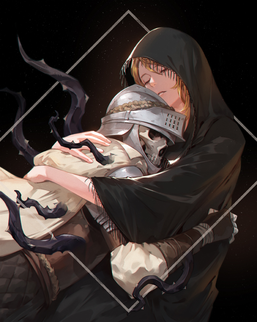 1girl, 1other, black_background, blonde_hair, cloak, closed_eyes, closed_mouth, elden_ring, fia_the_deathbed_companion, fingerless_gloves, from_side, gloves, gradient_background, helm, helmet, highres, hood, hood_up, hug, jiro_(ninetysix), long_sleeves, skeleton, tarnished_(elden_ring), thorns, upper_body, vagabond_(elden_ring)
