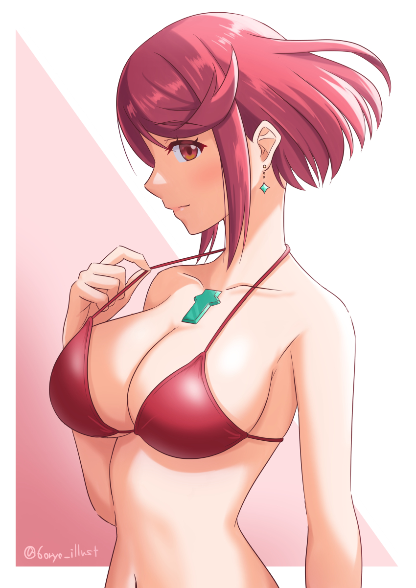 1girl, absurdres, bikini, breasts, chest_jewel, cleavage, clothes_pull, earrings