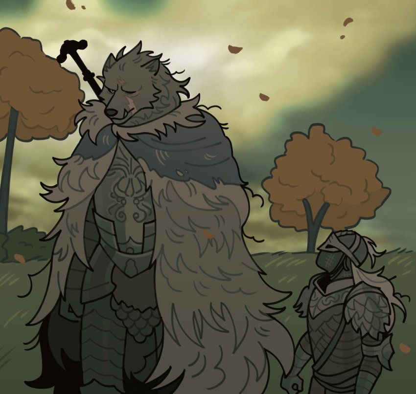 1boy, 1other, ambiguous_gender, armor, blaidd_the_half-wolf, bloody_wolf_(elden_ring), breastplate, cloak, closed_mouth, elden_ring, fur_cloak, furry, furry_male, gauntlets, greaves, height_difference, highres, jitome, male_focus, meme, outdoors, sword, tarnished_(elden_ring), tree, tyler1, valdotpng, weapon, weapon_on_back, wind