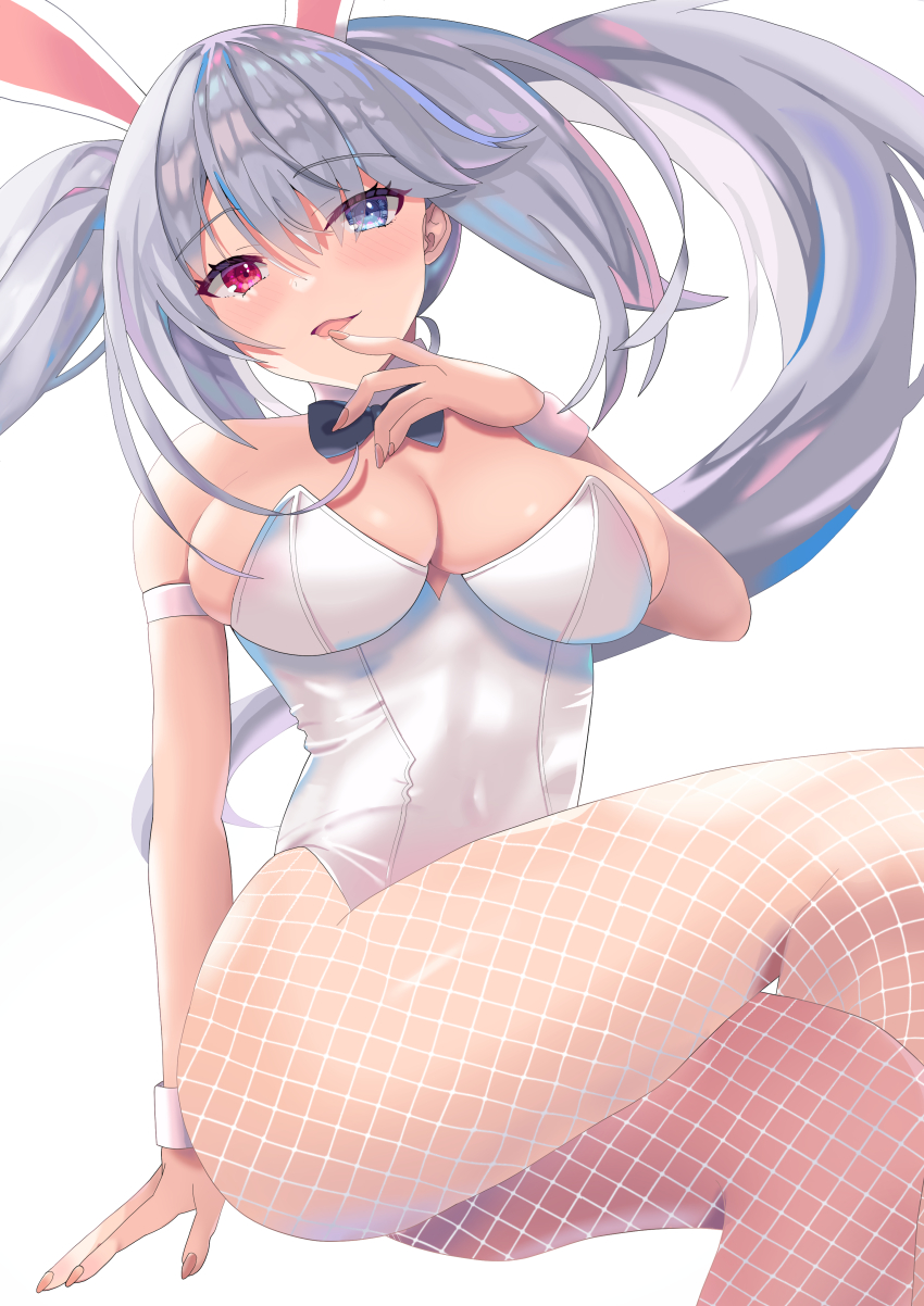 1girl, absurdres, blue_eyes, breasts, date_a_live, date_a_live:_date_a_bullet, fishnets, heterochromia, highres, leotard, medium_breasts, pantyhose, playboy_bunny, red_eyes, ukitaka_raptor, white_leotard, white_pantyhose, white_queen_(date_a_live)