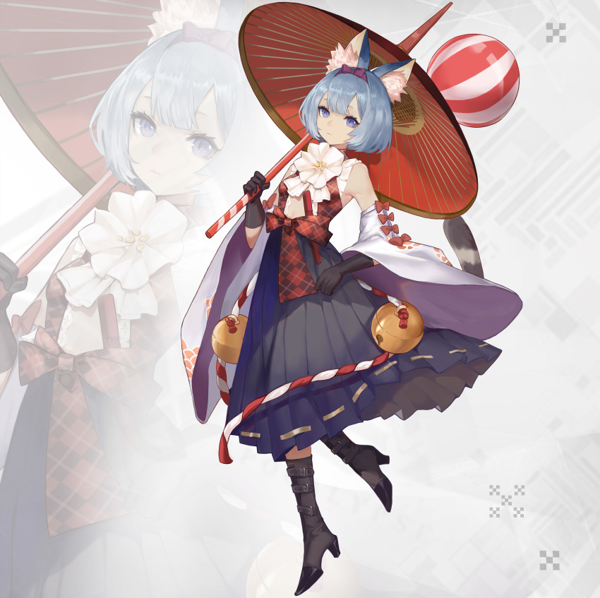 1girl, absurdres, animal_ear_fluff, black_boots, black_gloves, black_skirt, blue_eyes, blue_hair