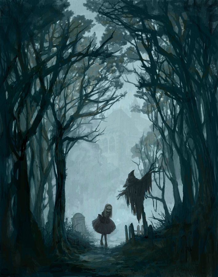 1girl, bare_tree, blunt_bangs, child, dress, female_focus, fog, forest