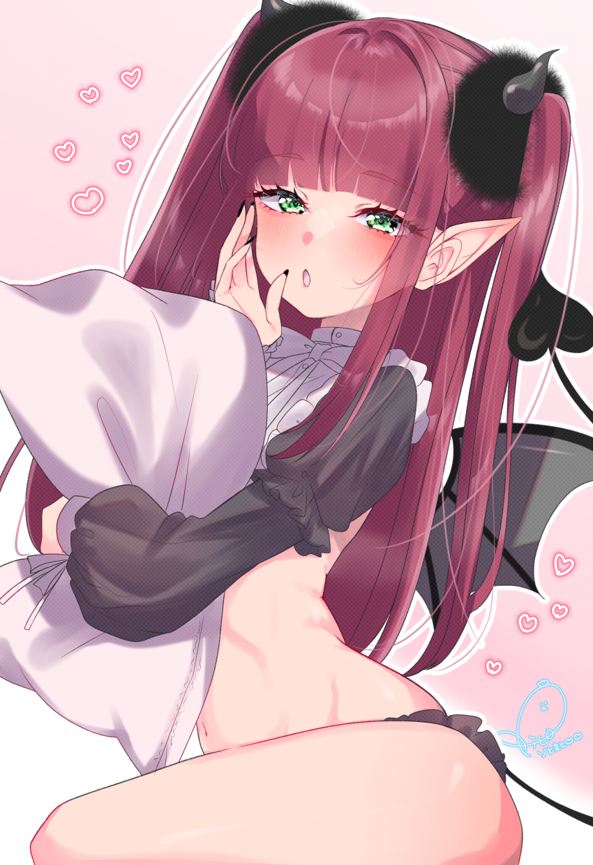1girl, absurdres, bat_wings, blunt_bangs, blush, cosplay, demon_tail, green_eyes