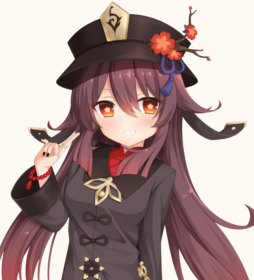 1girl, :d, black_nails, brown_hair, chinese_clothes, commentary_request, flower, genshin_impact, grin, hair_between_eyes, hat, hat_flower, hat_ornament, highres, hu_tao_(genshin_impact), index_finger_raised, jewelry, long_hair, long_sleeves, looking_at_viewer, nail_polish, open_mouth, orange_eyes, ring, rnond, sidelocks, simple_background, smile, solo, symbol-shaped_pupils, twintails, white_background