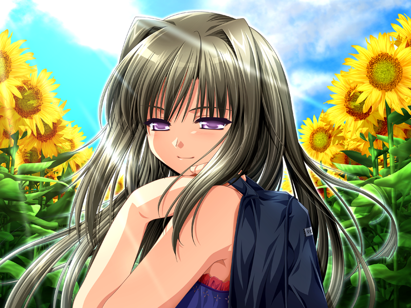 1girl, alpha_(yukai_na_nakamatachi), brown_hair, closed_mouth, floating_hair, flower, game_cg, hair_between_eyes