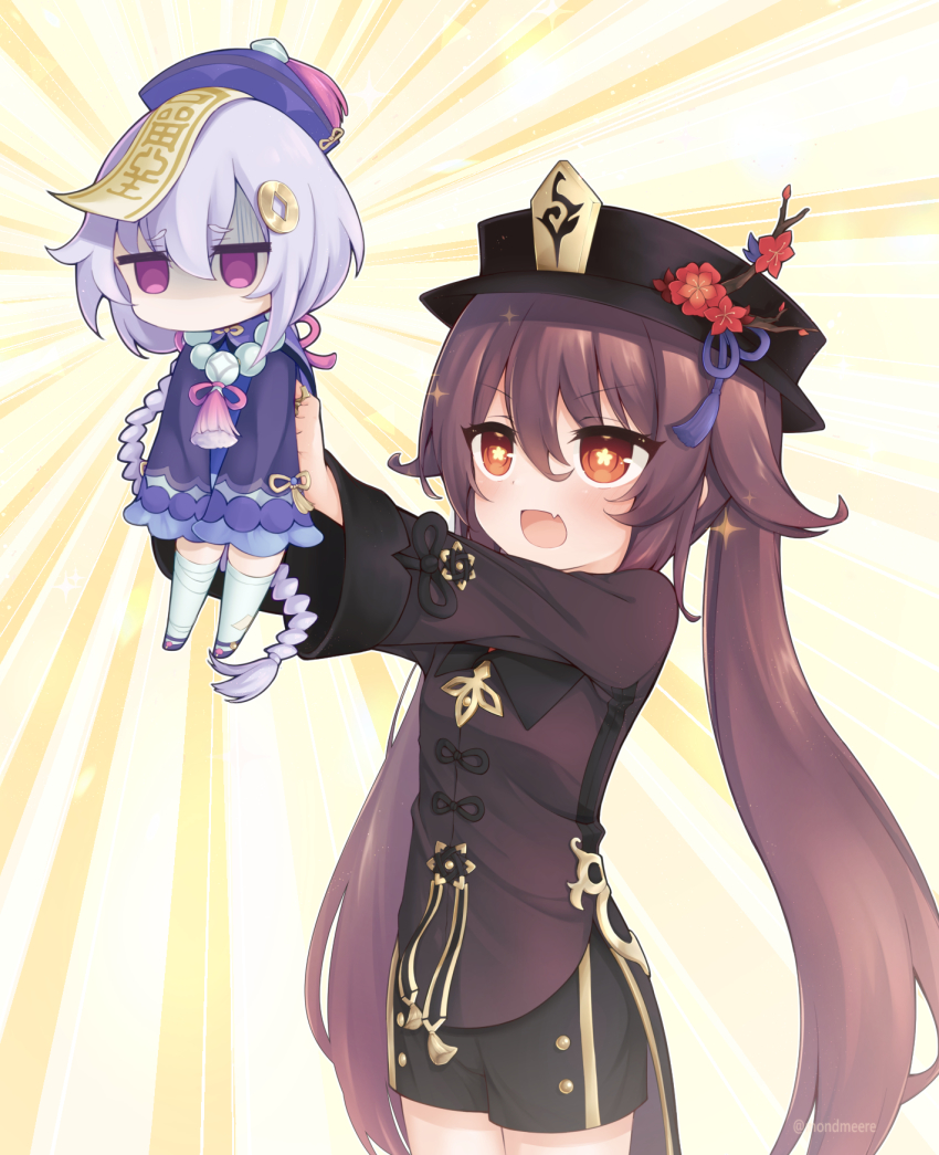 2girls, :d, ahoge, arms_up, bead_bracelet, beads, black_shorts, bracelet, braid, brown_hair, carrying, carrying_person, chinese_clothes, coin_hair_ornament, commentary, empty_eyes, flower, genshin_impact, hair_between_eyes, hair_ornament, hat, hat_flower, hat_ornament, highres, holding, hu_tao_(genshin_impact), jewelry, jiangshi, light_rays, long_hair, long_sleeves, low_ponytail, multiple_girls, ofuda, open_mouth, orange_eyes, parody, ponytail, purple_eyes, purple_hair, qingdai_guanmao, qiqi_(genshin_impact), rnond, shaded_face, short_shorts, shorts, sidelocks, simple_background, single_braid, size_difference, smile, sparkle, symbol-shaped_pupils, the_lion_king, twintails