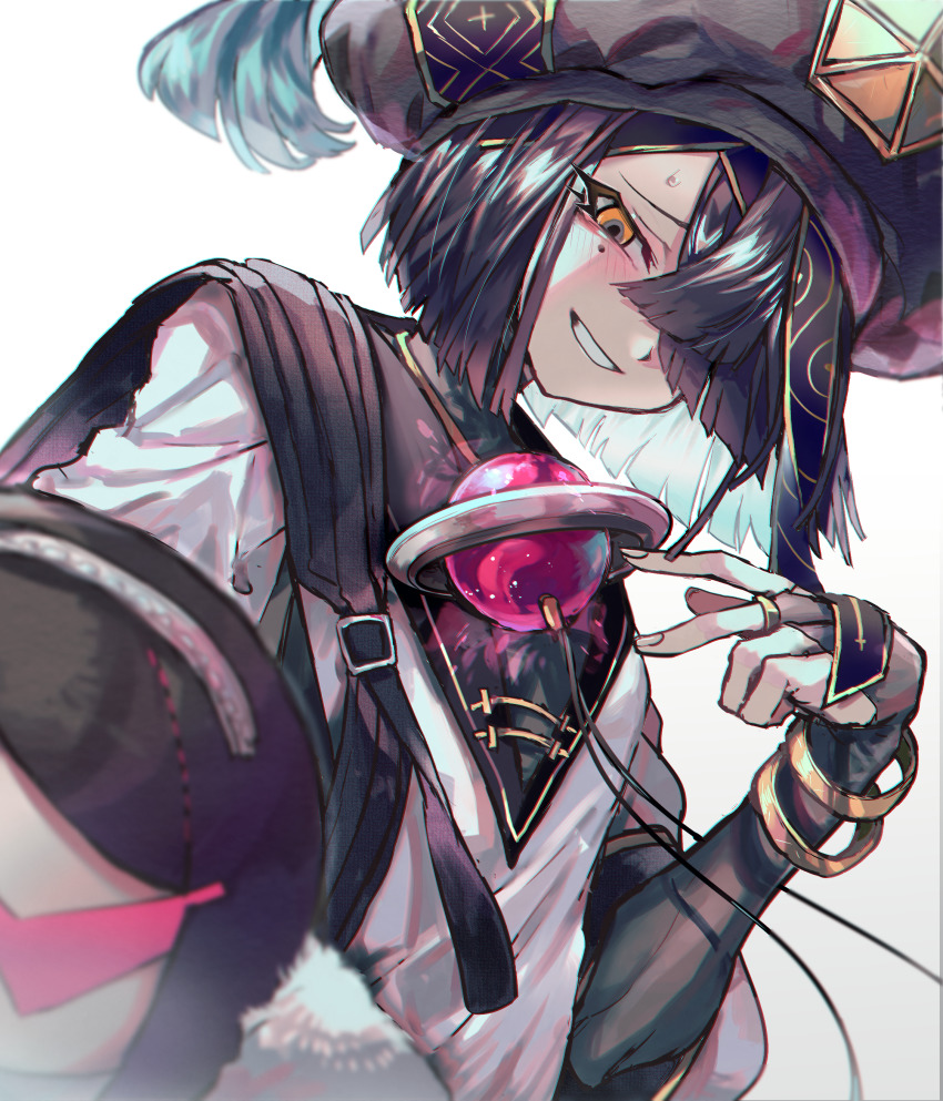 1girl, absurdres, black_hair, black_hat, blush, bracelet, breasts, bridal_gauntlets, brown_eyes, character_doll, chinese_clothes, doll, fate/grand_order, fate_(series), fuji_den_fujiko, grin, hair_over_one_eye, hat, highres, holding, holding_doll, jewelry, long_sleeves, looking_at_viewer, mole, mole_under_eye, robe, short_hair, small_breasts, smile, space_xu_fu_(fate), white_robe, xu_fu_(fate), yu_mei-ren_(fate)