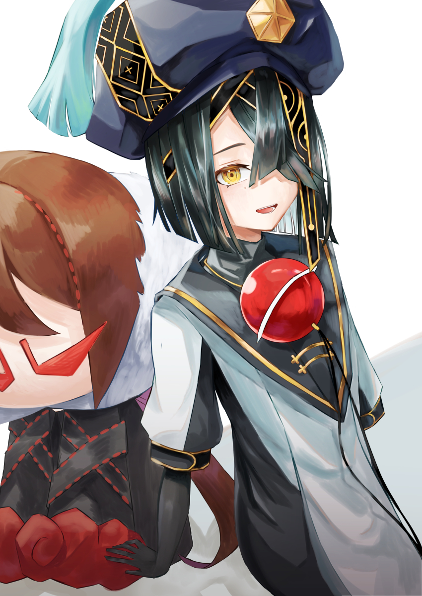 1girl, absurdres, black_hair, black_hat, bracelet, breasts, bridal_gauntlets, brown_eyes, character_doll, chinese_clothes, daachan, doll, fate/grand_order, fate_(series), hair_over_one_eye, hat, highres, holding, holding_doll, jewelry, long_sleeves, mole, mole_under_eye, open_mouth, robe, short_hair, sitting, small_breasts, smile, space_xu_fu_(fate), white_robe, xu_fu_(fate), yu_mei-ren_(fate)