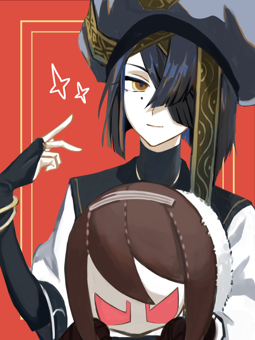 1girl, absurdres, black_hair, black_hat, bracelet, breasts, bridal_gauntlets, brown_eyes