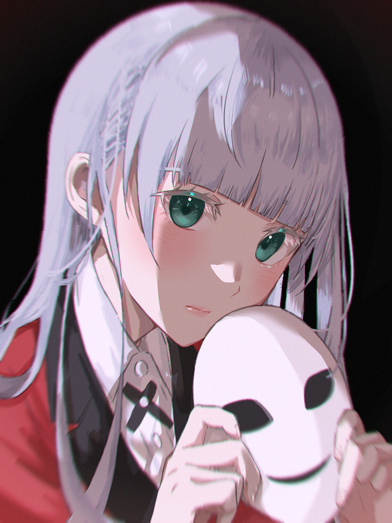 1girl, black_background, blush, bolo_tie, closed_mouth, collared_shirt, cross_tie, formal_clothes, green_eyes, hyakkaou_academy_school_uniform, jacket, kakegurui, kkheicho, long_hair, long_sleeves, mask, unworn_mask, momobami_ririka, red_jacket, red_suit, ribbon, school_uniform, shirt, silver_hair, simple_background, solo, suit, suit_jacket, white_mask, white_shirt