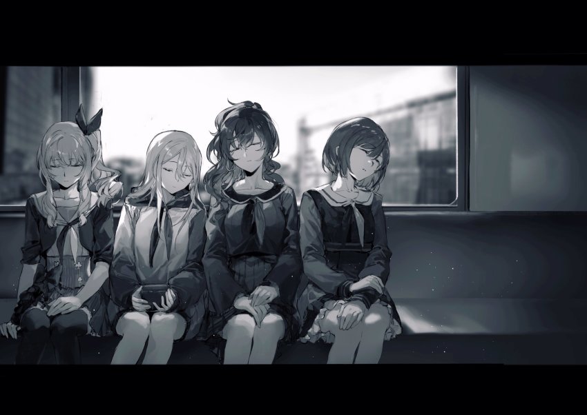 akiyama_mizuki, asahina_mafuyu, greyscale, highres, kagerou_project, letterboxed, monochrome, multiple_girls