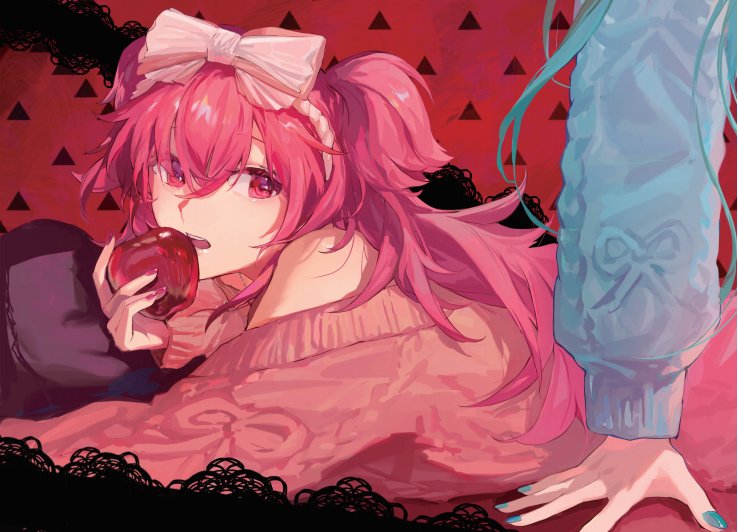 2girls, apple, bow, bow_hairband, food, fruit, hairband, hinomori_shizuku