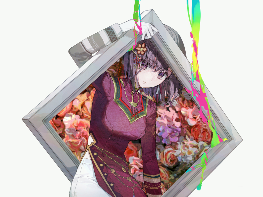 1girl, brown_eyes, brown_hair, clothing_cutout, dress, floral_background, framed, hair_ornament