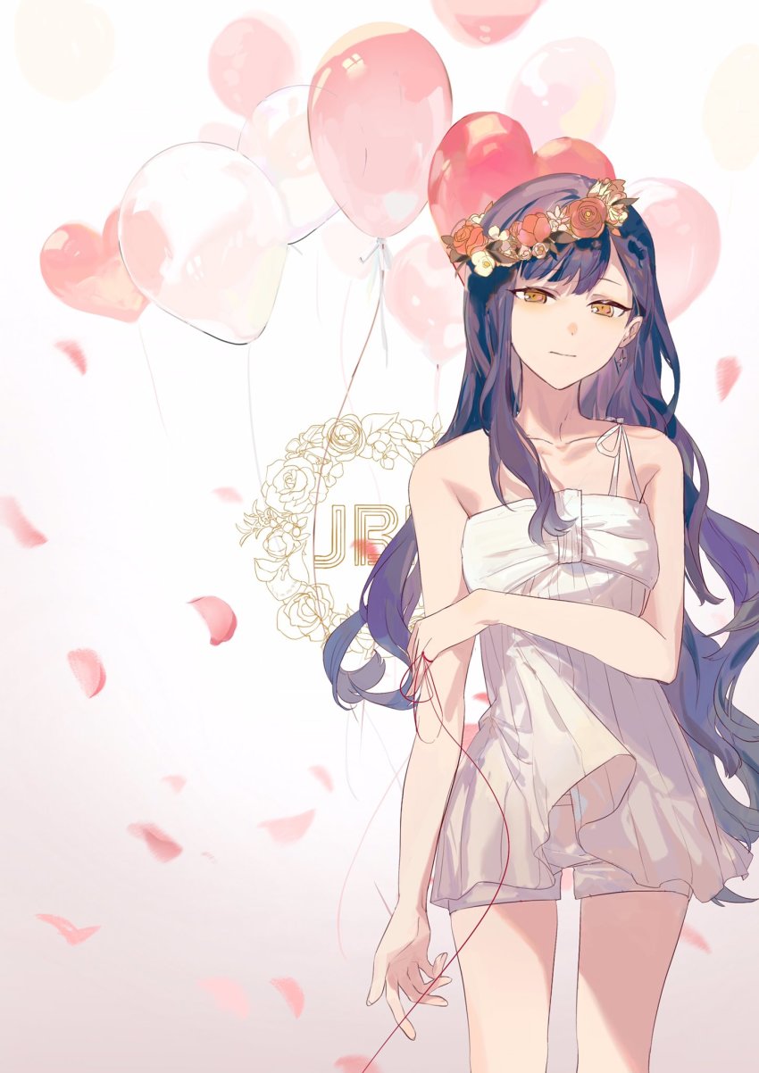 1girl, balloon, black_hair, dress, hand_on_own_arm, head_wreath, highres, just_be_friends_(vocaloid)