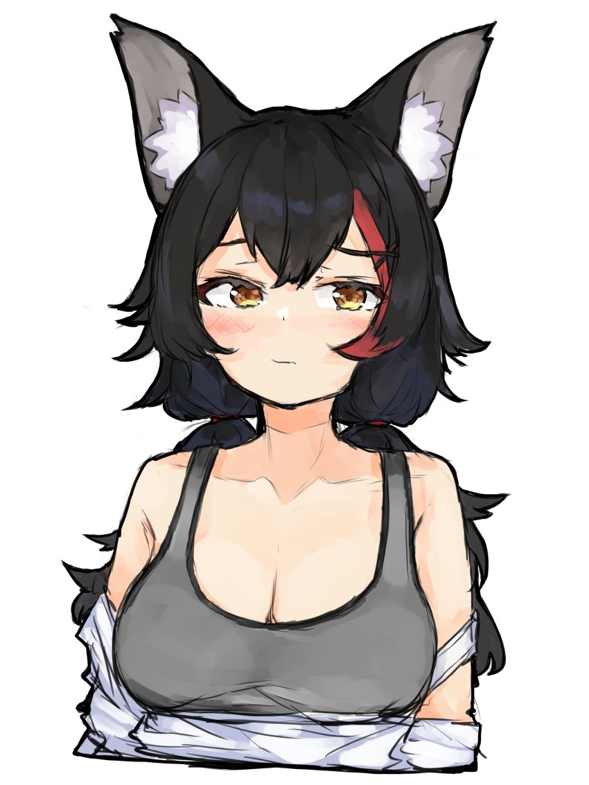 1girl, absurdres, animal_ears, black_hair, blush, breasts, brown_eyes, cleavage