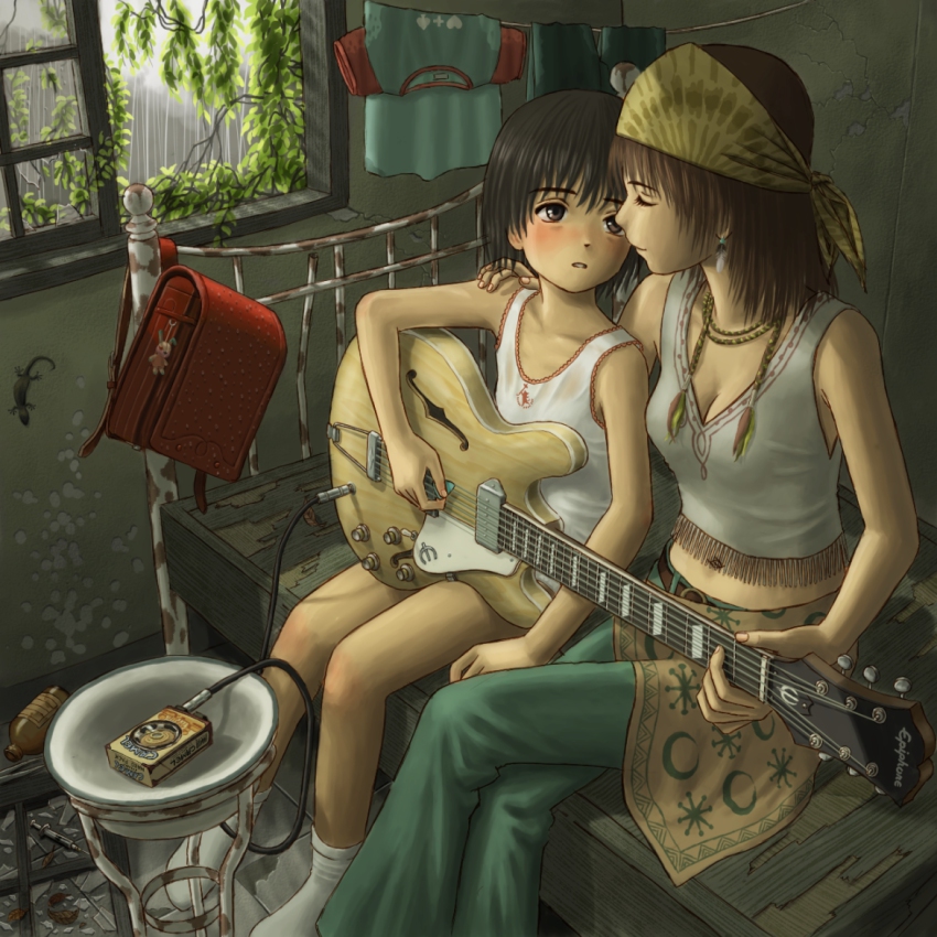 2girls, age_difference, amplifier, backpack, bad_id, bad_pixiv_id, bag, bag_charm, bandana, bare_shoulders, bed, black_eyes, black_hair, blush, breasts, broken_glass, brown_eyes, brown_hair, camisole, charm_(object), child, cleavage, closed_eyes, clothesline, crossed_legs, earrings, fringe_trim, glass, guitar, hand_on_another's_shoulder, indoors, instrument, jewelry, lizard, long_hair, medium_breasts, midriff, multiple_girls, navel, necklace, onee-loli, original, plectrum, raglan_sleeves, rain, randoseru, ruins, rust, short_hair, sitting, skyape, slice_of_life, socks, syringe, table, tank_top, unworn_backpack, unworn_bag, wet, wet_clothes, window, yuri