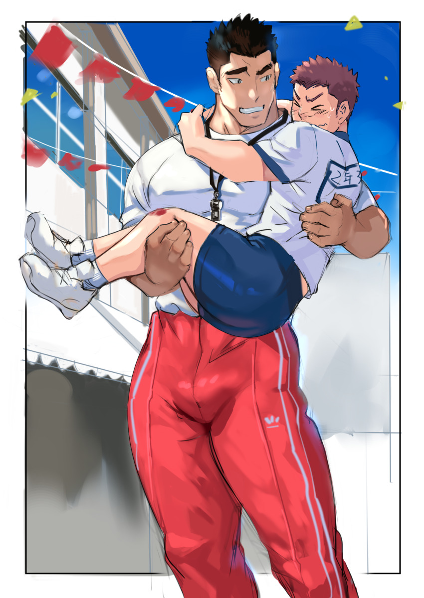 2boys, age_difference, blush, building, bulge, closed_eyes, flag, gym_uniform, happy, highres, hug, injury, male_focus, manly, multiple_boys, muscular, muscular_male, nervous, onii-shota, original, pants, pectorals, school_uniform, shirt, shoes, short_hair, shorts, smile, socks, sweatdrop, t-shirt, thick_eyebrows, tight_clothes, tofu_(tofulabo), track_pants, whistle, yaoi