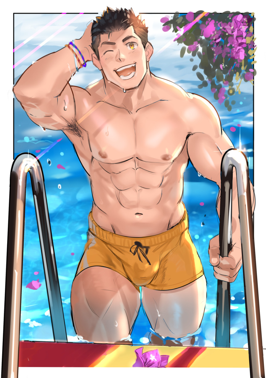 1boy, abs, armpit_hair, armpits, bara, biceps, black_hair, bracelet