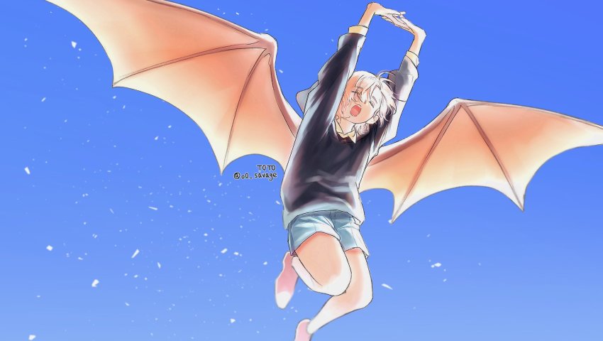1boy, arms_up, artist_name, barefoot, black_sweater, blue_background, blue_shorts, collared_shirt, dong_dong_(the_legend_of_luoxiaohei), closed_eyes, highres, o0_savage, open_mouth, shirt, shorts, solo, stretching, sweater, luo_xiaohei_zhanji, white_shirt, wings