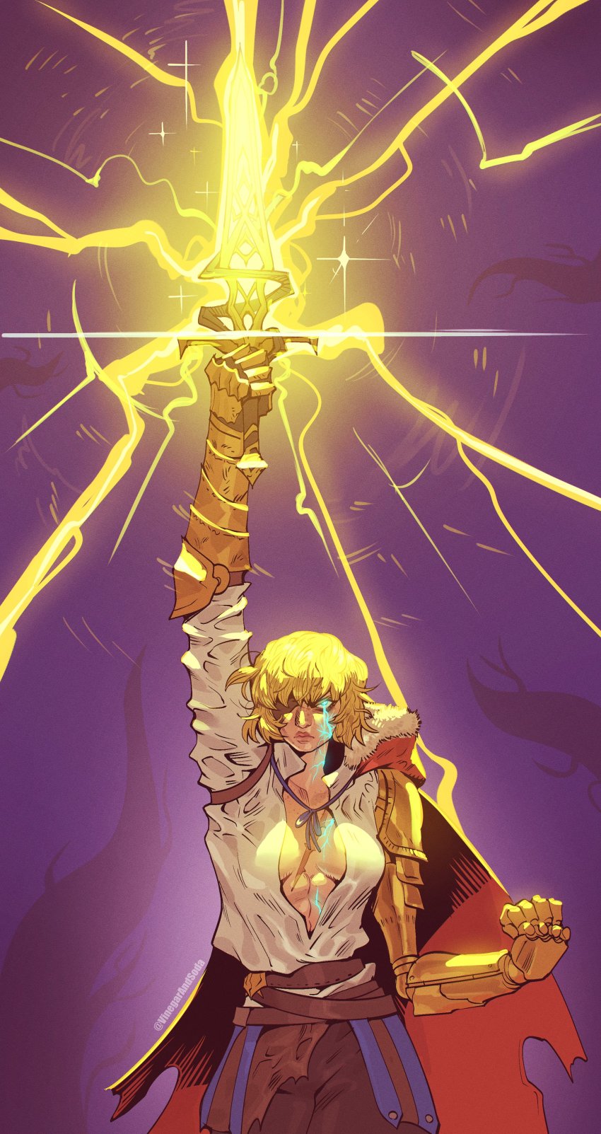 abs, absurdres, apex_legends, belt, black_pants, blue_eyes, breasts, brown_belt, cape, cleavage, clenched_hand, commentary, elden_ring, electricity, english_commentary, eyepatch, fur_trim, glowing, glowing_eye, highres, holding, holding_sword, holding_weapon, medium_breasts, metal_gloves, muscular, muscular_female, one_eye_covered, pants, red_cape, sword, vinegar_and_soda, wattson_(apex_legends), weapon