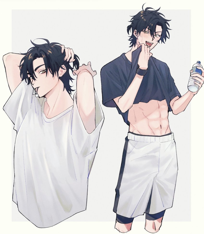 1boy, abs, arms_up, black_hair, black_shirt, border, bottle, cheng_xiaoshi