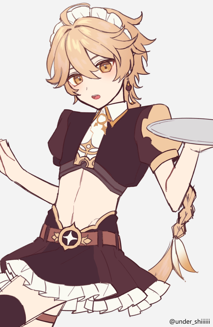 1boy, aether_(genshin_impact), ahoge, blonde_hair, blush, braid, breasts, crop_top, crossdressing, crossdressing_(mtf), genshin_impact, hair_between_eyes, hair_ornament, hetero, jewelry, long_hair, male_focus, multiple_boys, open_mouth, sg_(under_siiiiii), single_braid, trap, twitter_username, yellow_eyes