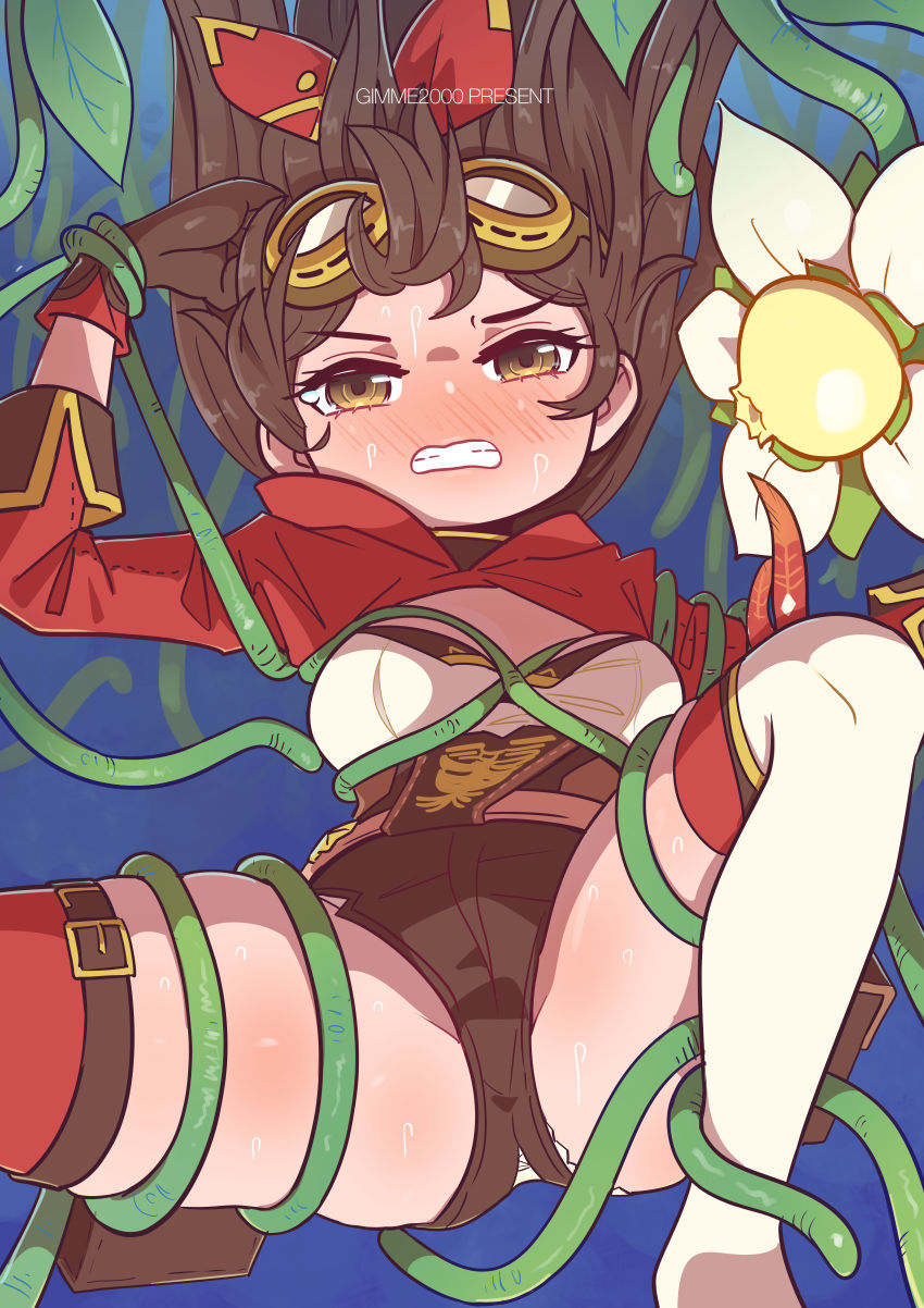 1girl, :o, absurdres, amber_(genshin_impact), ass, blurry, blush, bound, brown_eyes, brown_hair, brown_shorts, clenched_teeth, commentary, depth_of_field, embarrassed, english_commentary, flower, genshin_impact, gimme2000, goggles, goggles_on_head, hair_between_eyes, hairband, highres, long_hair, long_sleeves, looking_at_viewer, plant, short_shorts, shorts, sidelocks, simple_background, solo, spread_legs, sweat, teeth, vines, white_legwear