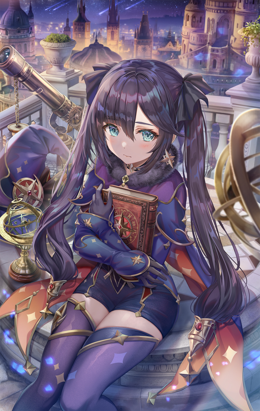 1girl, black_choker, black_gloves, black_hair, black_ribbon, black_shorts, blue_cape, blue_eyes