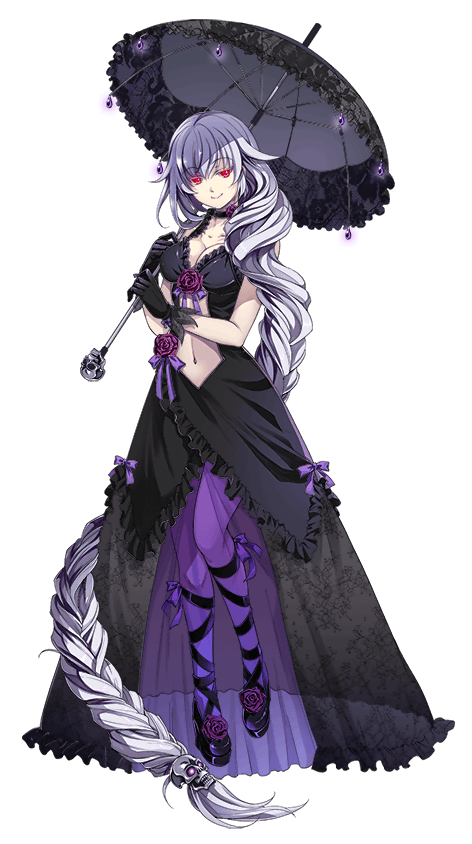 1girl, absurdly_long_hair, artist_request, black_choker, black_dress, black_gloves, braid, breasts, choker, cleavage, clothing_cutout, colored_skin, dress, dress_flower, flower, flower_choker, full_body, gloves, glowing, glowing_eyes, gothic_lolita, gradient_skin, hair_between_eyes, hair_ornament, halifa_(monster_musume), lolita_fashion, long_hair, medium_breasts, monster_musume_no_iru_nichijou, monster_musume_no_iru_nichijou_online, navel, navel_cutout, official_art, parasol, purple_flower, purple_skin, red_eyes, silver_hair, skull_hair_ornament, solo, transparent_background, umbrella, very_long_hair