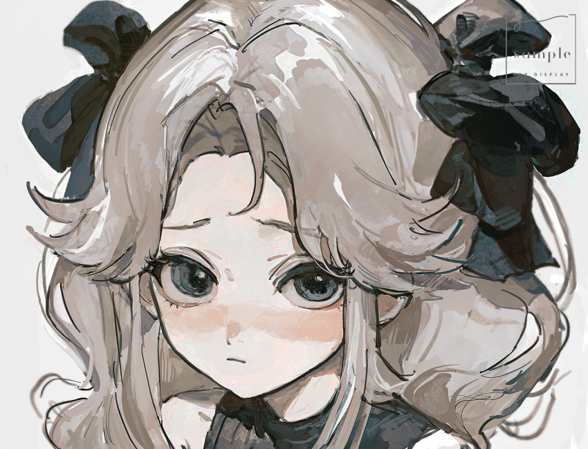 1girl, bare_shoulders, black_bow, black_eyes, black_shirt, blush, bow, brown_hair