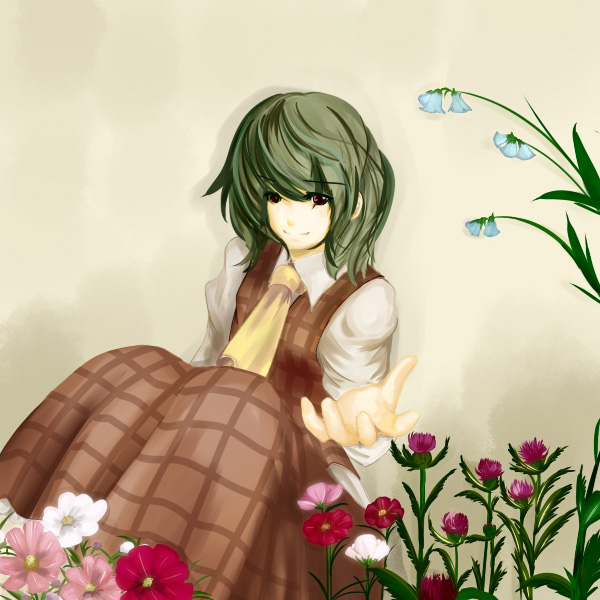 1girl, ascot, bad_id, bad_pixiv_id, bellflower, female_focus, flower, foreshortening