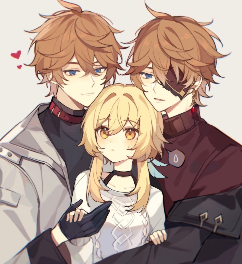 1girl, 2boys, ahoge, black_gloves, black_jacket, black_sweater, blonde_hair, blue_eyes