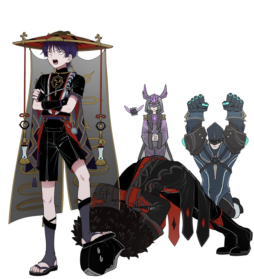 1girl, 3boys, absurdres, bound, bound_arms, cheering, cicin_mage_(genshin_impact), coat, electro_cicin_mage_(genshin_impact), eyeshadow, fatui_agent_(genshin_impact), fatui_pyro_agent_(genshin_impact), genshin_impact, green_hair, hat, highres, hood, japanese_clothes, kneeling, makeup, male_focus, mask, multiple_boys, pillosopi, purple_hair, sandals, scaramouche_(genshin_impact), short_hair, shorts, simple_background, stepped_on, sweat, white_background