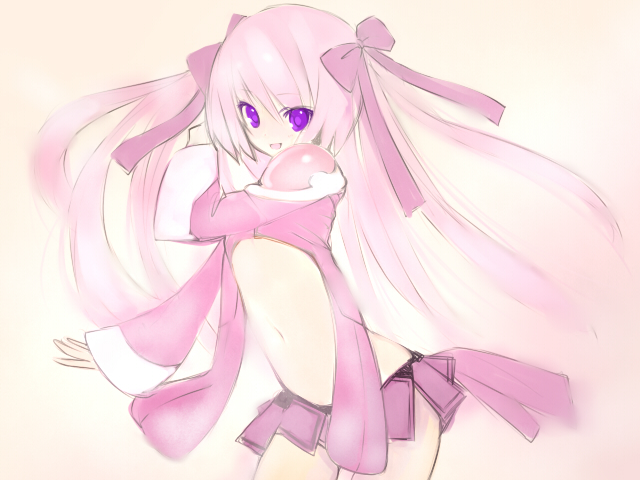 1girl, female_focus, hair_ribbon, long_hair, miniskirt, navel, purple_eyes, ribbon, saibashi, sengoku_hime, skirt, solo, tokugawa_ieyasu_(sengoku_hime), twintails, very_long_hair