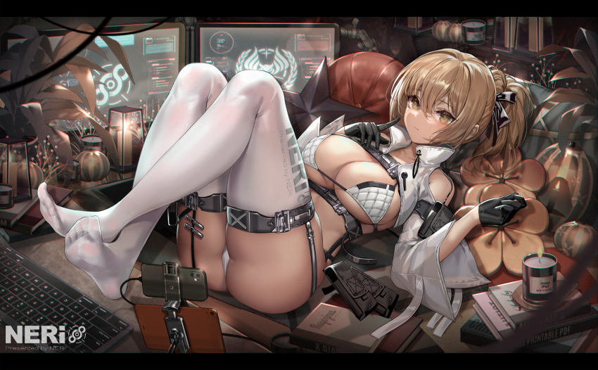 1girl, ass, bare_shoulders, belt, bikini, black_gloves, blush, breasts