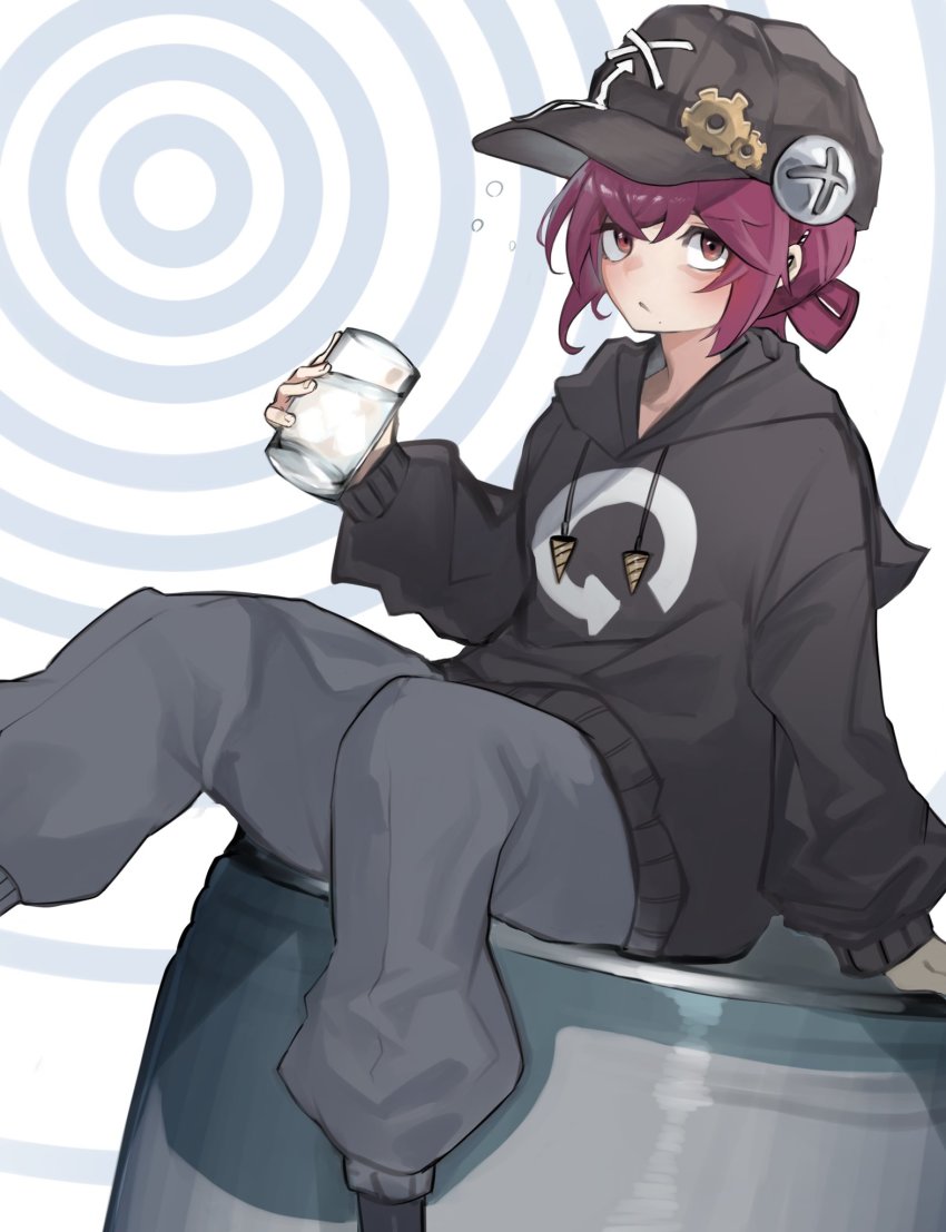 1girl, airi_(sanzennenn), black_hoodie, blush, brown_headwear, closed_mouth, commentary_request, cup