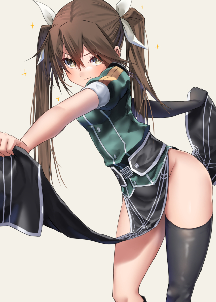 +_+, 1girl, black_gloves, black_thighhighs, blush, breasts, brown_hair, closed_mouth, commentary, dress, elbow_gloves, gloves, grey_background, hair_between_eyes, highres, holding, kantai_collection, long_hair, looking_at_viewer, no_panties, pelvic_curtain, ribbon, short_sleeves, simple_background, single_elbow_glove, single_glove, single_thighhigh, small_breasts, solo, sparkle, thighhighs, thighs, tone_(kancolle), tone_kai_ni_(kancolle), twintails, white_ribbon, yellow_eyes, zombie_mogura