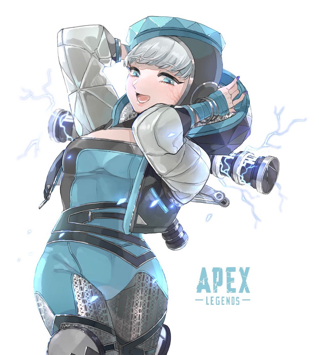 1girl, animification, apex_legends, apron, beret, black_jacket, blue_bodysuit, blue_gloves