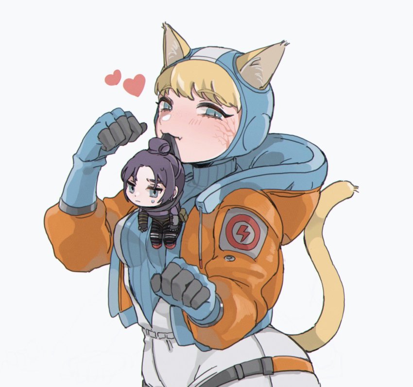 2girls, animal_ears, animification, apex_legends, black_bodysuit, black_hair, blonde_hair, blue_bodysuit, blue_gloves, blue_headwear, bodysuit, breasts, cat_ears, cat_girl, cat_tail, facial_scar, gloves, hair_bun, heart, highres, hood, hooded_jacket, in_mouth, jacket, kemonomimi_mode, lichtenberg_figure, medium_breasts, mini_person, minigirl, multiple_girls, orange_jacket, paw_pose, ribbed_bodysuit, scar, scar_on_cheek, scar_on_face, shimijimi, single_hair_bun, smile, tail, wattson_(apex_legends), white_background, white_bodysuit, wraith_(apex_legends)