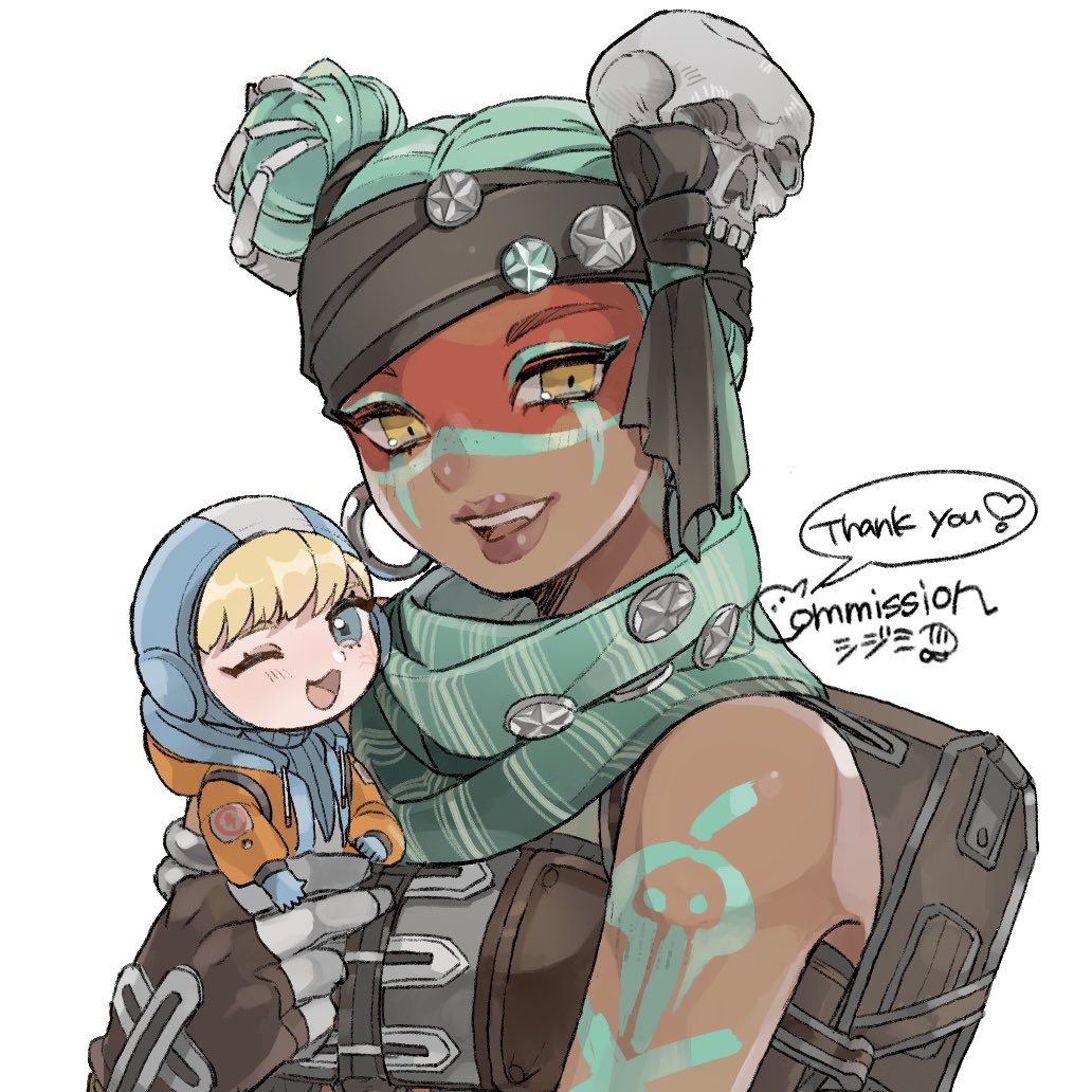 2girls, animification, apex_legends, backpack, bag, blonde_hair, blue_bodysuit, blue_eyes, bodysuit, brown_eyes, brown_gloves, brown_vest, chibi, commission, dark-skinned_female, dark_skin, double_bun, facepaint, gloves, green_hair, green_scarf, hair_bun, hair_ornament, heart, holding_person, hood, hooded_jacket, jacket, lifeline_(apex_legends), looking_at_viewer, mini_person, minigirl, multiple_girls, official_alternate_costume, one_eye_closed, open_mouth, orange_jacket, pirate_queen_lifeline, ribbed_bodysuit, scarf, shimijimi, skull_hair_ornament, smile, speech_bubble, vest, wattson_(apex_legends), white_bodysuit