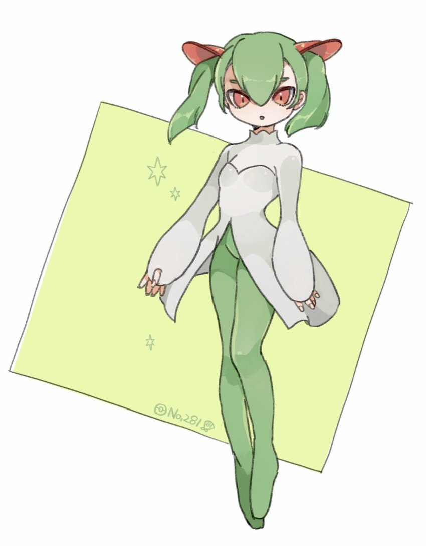 1girl, :o, breasts, dress, floating, gen_3_pokemon, green_hair, green_pantyhose