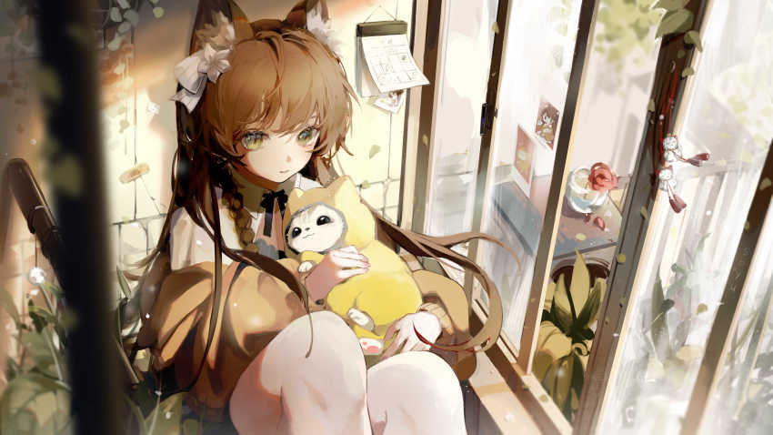 1girl, animal, animal_ear_fluff, animal_ears, braid, brown_hair, calendar_(object), cat