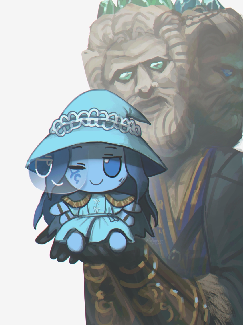 absurdres, black_gloves, blue_skin, cape, character_doll, character_request, chibi, colored_skin, commentary, doll, elden_ring, english_commentary, extra_faces, facial_mark, fumo_(doll), gloves, hat, highres, miniature_ranni, one_eye_covered, porforever, ranni_the_witch, raya_lucaria_sorcerer, simple_background, smile, white_background, witch_hat