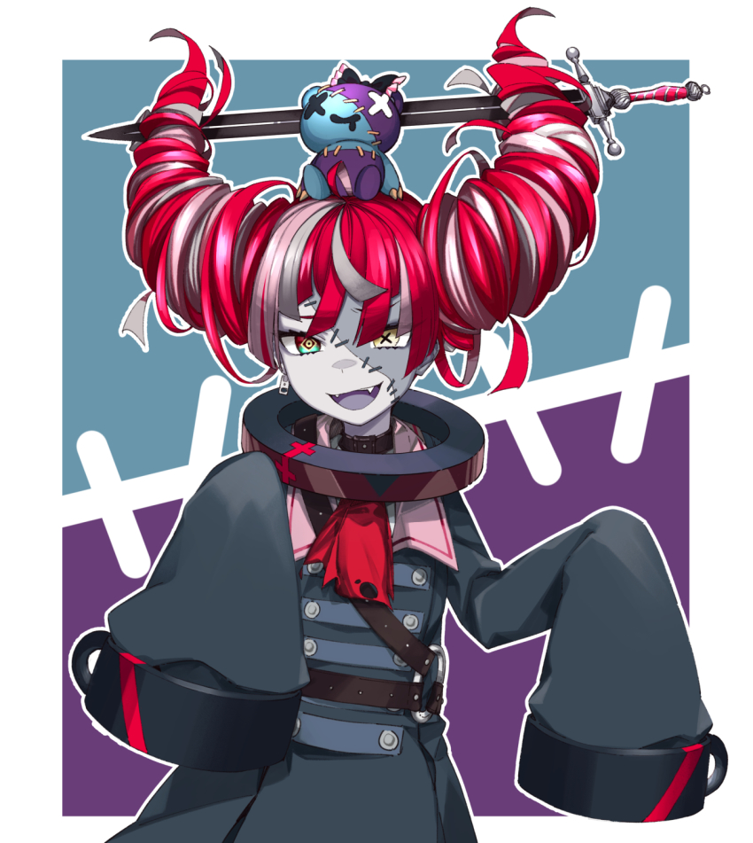 1girl, :d, alternate_hairstyle, ascot, belt, black_choker, choker, collar