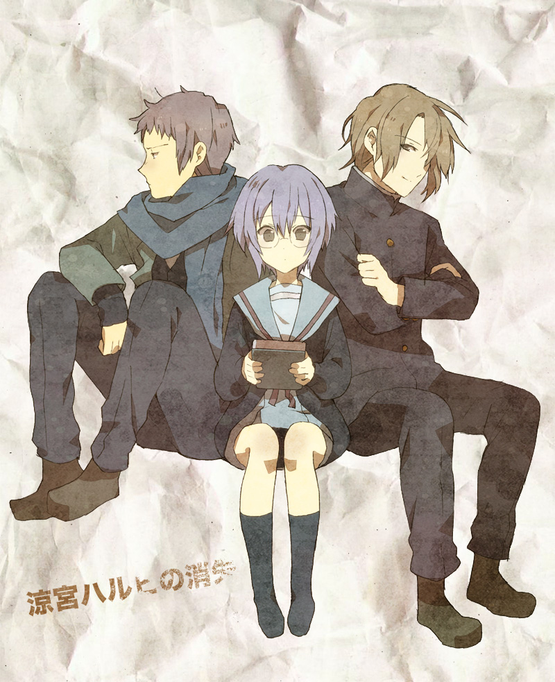 10s, 1girl, 2boys, book, brown_eyes, brown_hair, cardigan, glasses