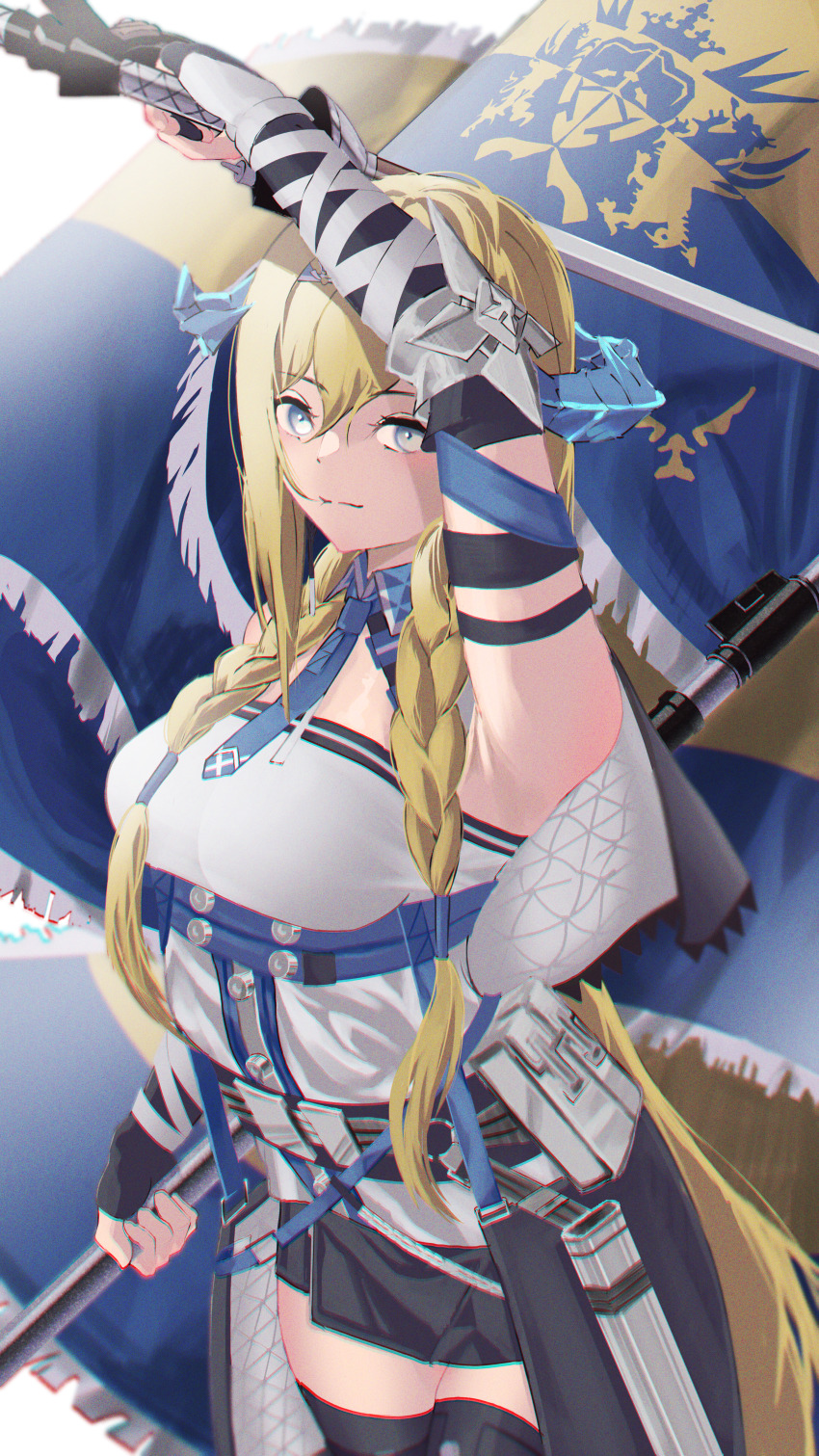 1girl, absurdres, arknights, arm_strap, arm_up, bare_shoulders, belt, black_skirt